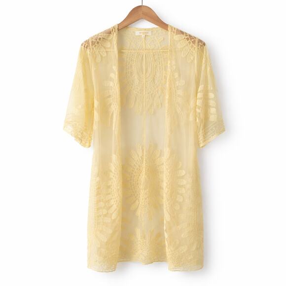 Rebellion Other - Rebellion Again Kimono Womens Small Yellow Sheer Embroidered Open Front Boho